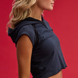 Raw Edge Crop Short Sleeve Fleece Hoodie