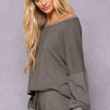 Striated Balloon Sleeve Crop Sweatshirt