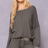 Striated Balloon Sleeve Crop Sweatshirt